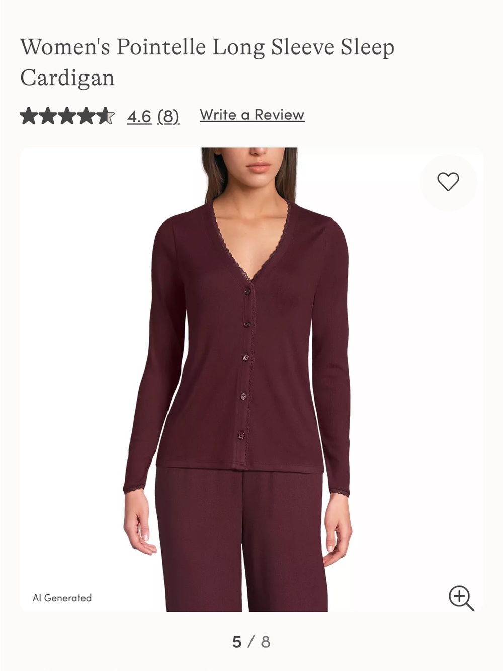 Lands’ End Pointelle Long Sleeve Sleep Cardigan in Lush Burgundy size small